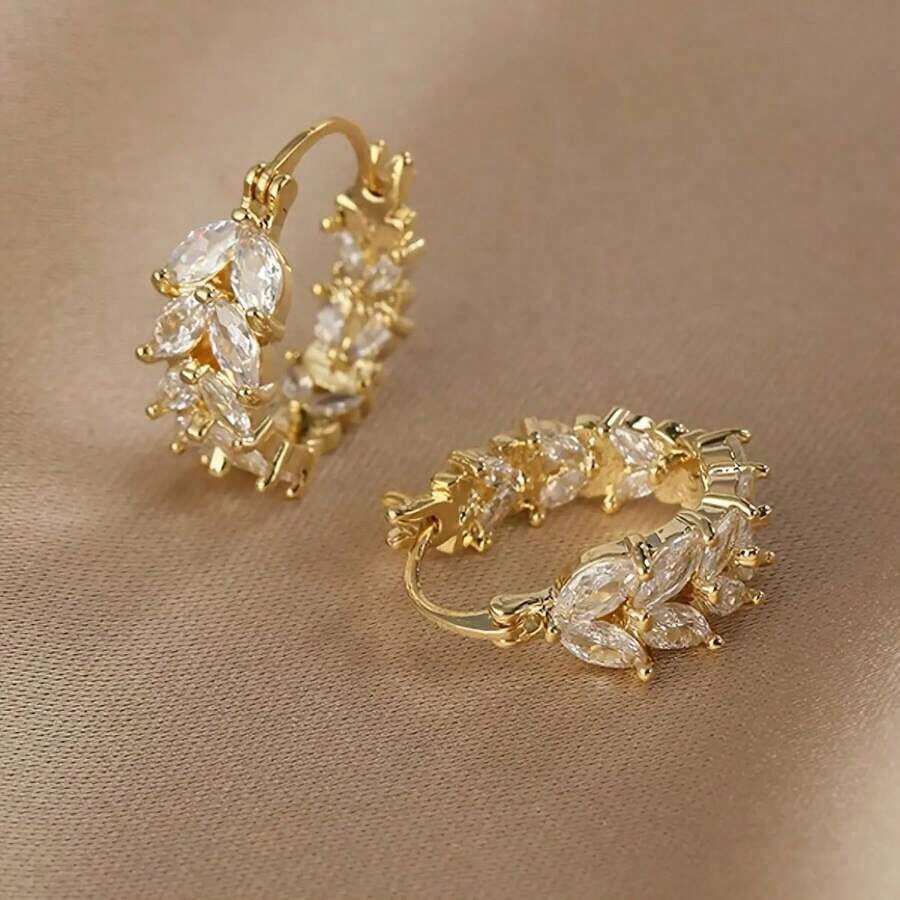 1 Pair Of Elegant Wheat Spike Hoop Earrings - Gold Alloy With Rhinestone Decoration, Natural Style Design - Vàng - Xem 1