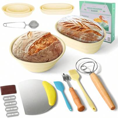 Fermentadora de Pan 13 PCS con 2 Cestas de Fermentación (Apto Horno), Hoja, Batidor y Raspador |   Cestas para Fermentar Pan |   Ideal para Panaderos Profesionales y Caseros |   Fácil Limpieza (13)