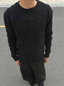 Men's Long Sleeve Twisted Floral Crew Neck Knit Sweater - Black - View 4