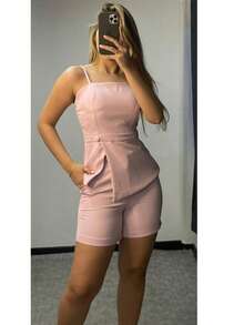 CONJUNTO Terno feminino shorts suspensórios última moda internet celebridade estilo quente com protetores de peito - Rosa Bebê - Visão 5