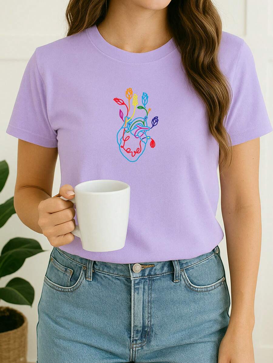 Camiseta Feminina Babylook Coração Realista Traços Flores Colorido 100% Algodão - Roxo - Visão 1