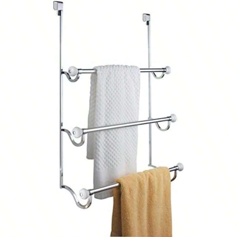 interDesign York Over--Shower-Door 3-Bar Towel Rack, White and Chrome(Cromado) - Multicolor - Ver 1