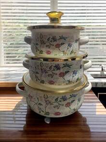 3pcs 12-16cm Thick Gold-Rimmed Enamel Mini Double-Ear Ramen Bowl/Pot/Casserole, Suitable For Gas Stove/Induction Cooker, Fit For Baby, Adult, Child, Can Be Used As Food Pot, Soup Pot, Seafood Pot, Ramen Pot, Great Helper For Valentine's Day, Ramadan, Eid Al-Fitr, Back To School, Easter Cooking