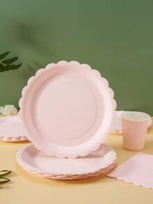 25件套浅粉色花瓣形一次性餐盘、餐巾纸和纸杯，适合25位客人使用，一次性纸盘派对用品，适用于生日、婚礼、聚会、家庭野餐等场合。 - 淺粉色 - 查看 3