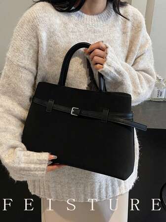 1pc Large Capacity PU Solid Color Tote Bag, Strap Decor, Magnetic Closure, Suitable For Girls, Women, College Students, Young Professionals, Great For Work, Business, Commute, School