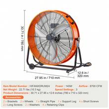Ventilador de tambor de 24 pulgadas, de alta velocidad, para uso industrial, 3 velocidades, 8600 CFM para almacén - Naranja - Ver 7