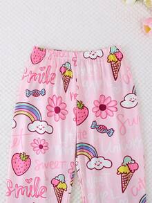 2pcs/Set Girls & Teens Casual Cartoon Ice Cream, Strawberry, Flower, Rainbow Print Lapel Long Sleeve Cardigan And Pants Pajama Set, Flame Retardant, All Season - Pink - View 10