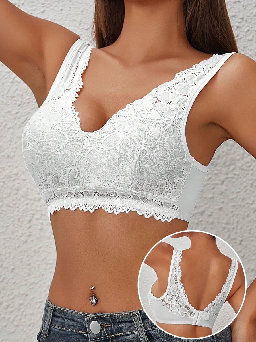 1pc EssElegance Embroidered Lace Deep V Plunge Seamless Comfortable Bra