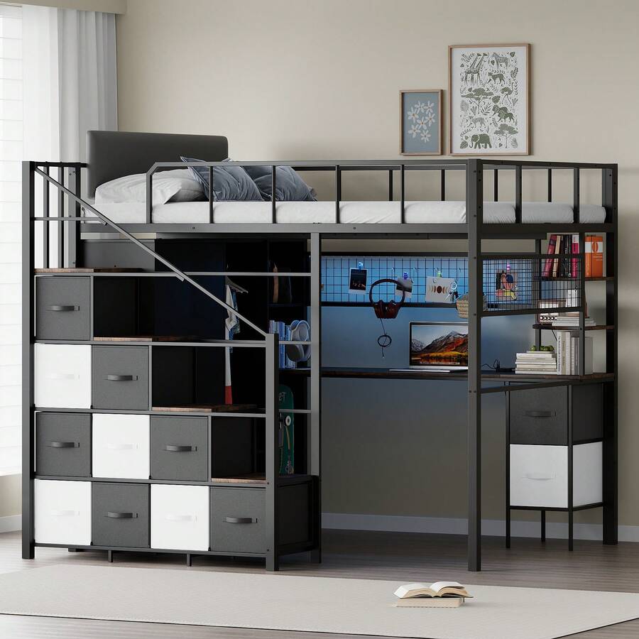Advwin Twin/Full Size Loft Bed With Desk, Stairs, Closet & 12 Fabric Drawers, Metal Gaming Loft Bed With Guardrail, Space-Saving Bed For Bedroom, Dorm (Black+Rustic Brown) - 黑色 - 查看 1