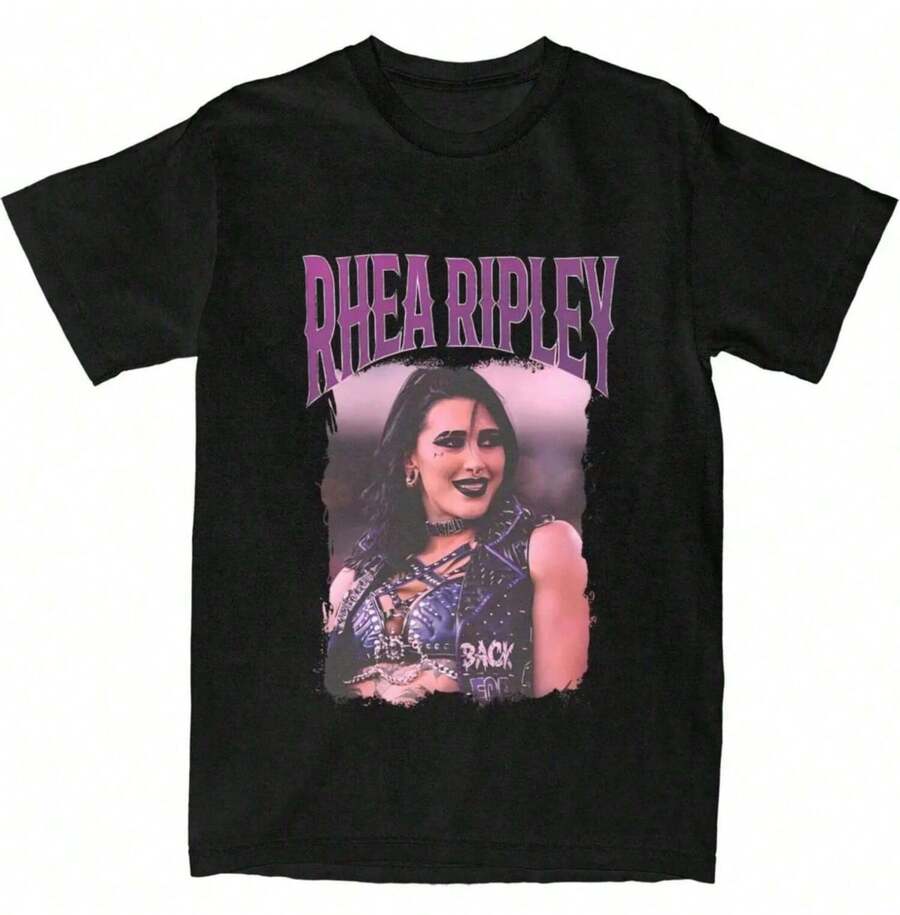 Bootleg Design Rhea Ripley Wrestling Wrestler T-Shirt Hippie T-Shirts Tshirt Summer Pure Cotton Crewneck Oversized Top Tees - Black - View 1