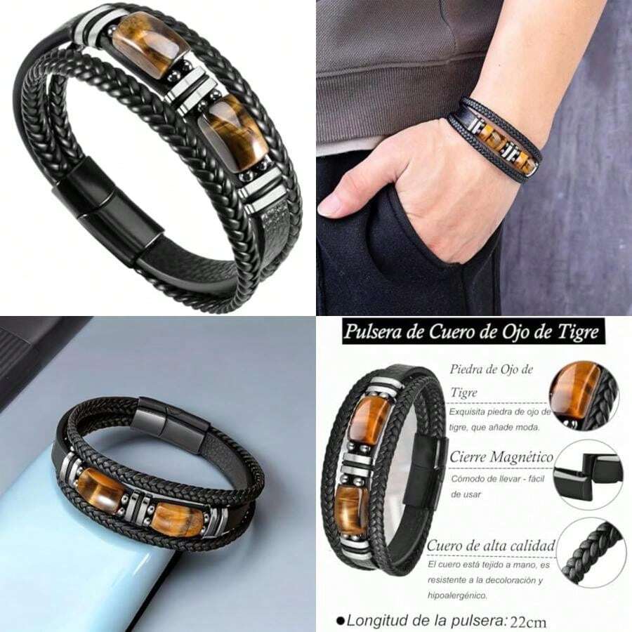 Pulsera de cuero para hombre, Pulseras de tejidas con piedra de ojo de tigre,Moda brazalete de joyeria para hombre, regalos dia del padre, cumpleaños, navidad(Negro) - Multicolor - Ver 1