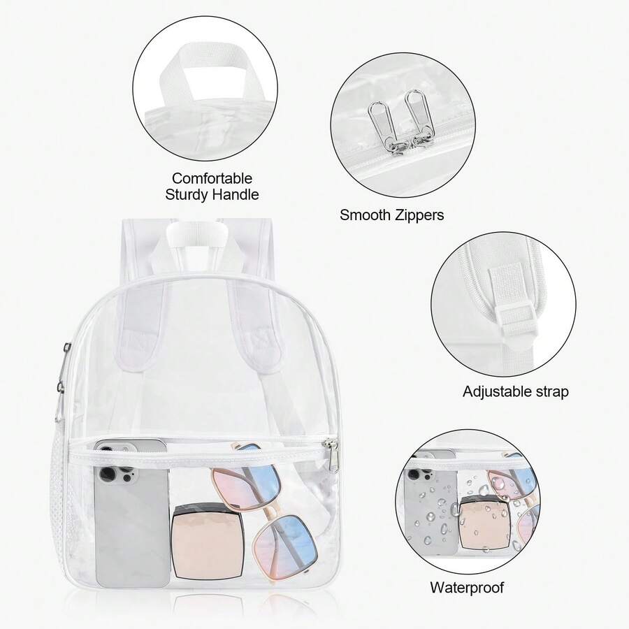 12x12x6 Approved Clear Stadium Backpack – Reinforced Wide Shoulder Straps, Lightweight & Durable Small Transparent Bag For School, Concerts, Work, Festivals & Sports Events, Waterproof Clear Backpack, Casual Style For Outdoor Sports Or Travel Convenience - 白色 - 查看 1