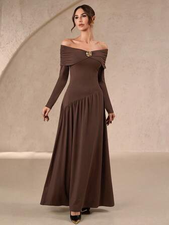 Women's Elegant, Exquisite, Romantic And Fashionable Off-The-Shoulder Metal Decoration Long-Sleeved Tight A-Line Solid Color Dress, Autumn And Summer Women's Dress, Tea Party Dress Wedding