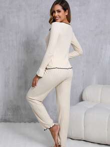 女士时尚条纹保暖休闲蓬松睡衣套装，带蝴蝶结装饰，V领荷叶边喇叭袖上衣和裤子，舒适家居服两件套，秋冬季，舒适保暖，秋季服装 - 米色 - 查看 8