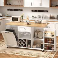 Isla de cocina sobre ruedas, isla de cocina rodante de 59 pulgadas con tomacorriente y hoja abatible, carrito rodanteóvil con gabinete de almacenamiento de basura, toallero, botellero, negro