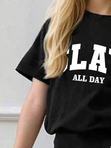 少女字母印花短袖上衣和修身喇叭裤套装 - 黑色 - 查看 4