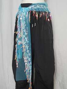 Women's Belly Dance Hip Scarf With Iridescent Sequin Fringe & Tulle Gold-Embossed Decor, Performance & Practice Accessory (Multi-Colors Available) - Multicolor - View 10