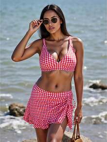 Women 2 Pieces Bikini Swimsuits Plaid Sleeveless Padded Bra+Drawstring Sarongs Skirts Gingham Bathing Suit - Đỏ - Xem 1