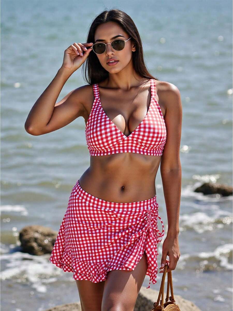 Women 2 Pieces Bikini Swimsuits Plaid Sleeveless Padded Bra+Drawstring Sarongs Skirts Gingham Bathing Suit - Đỏ - Xem 1