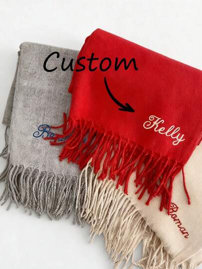 1 PIEZA Bufanda bordada personalizada con texto de nombre personalizado, bufanda sólida bordada personalizada de seudocachemira cálida y unisex, accesorios de bufanda personalizados