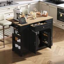 Kitchen Island With Wheels, Extendable Dining Area, Kitchen Island With Multifunctional Drawers And Waste Bin Compartment, Mobile Kitchen Island Ideal For Kitchen And Dining Room (Black) - Black - View 4