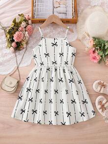 Toddler Girls' Casual Cute Bow Striped Heart Print Strap Dress, Minimalist Style, Spring/Summer - Black and White - View 3