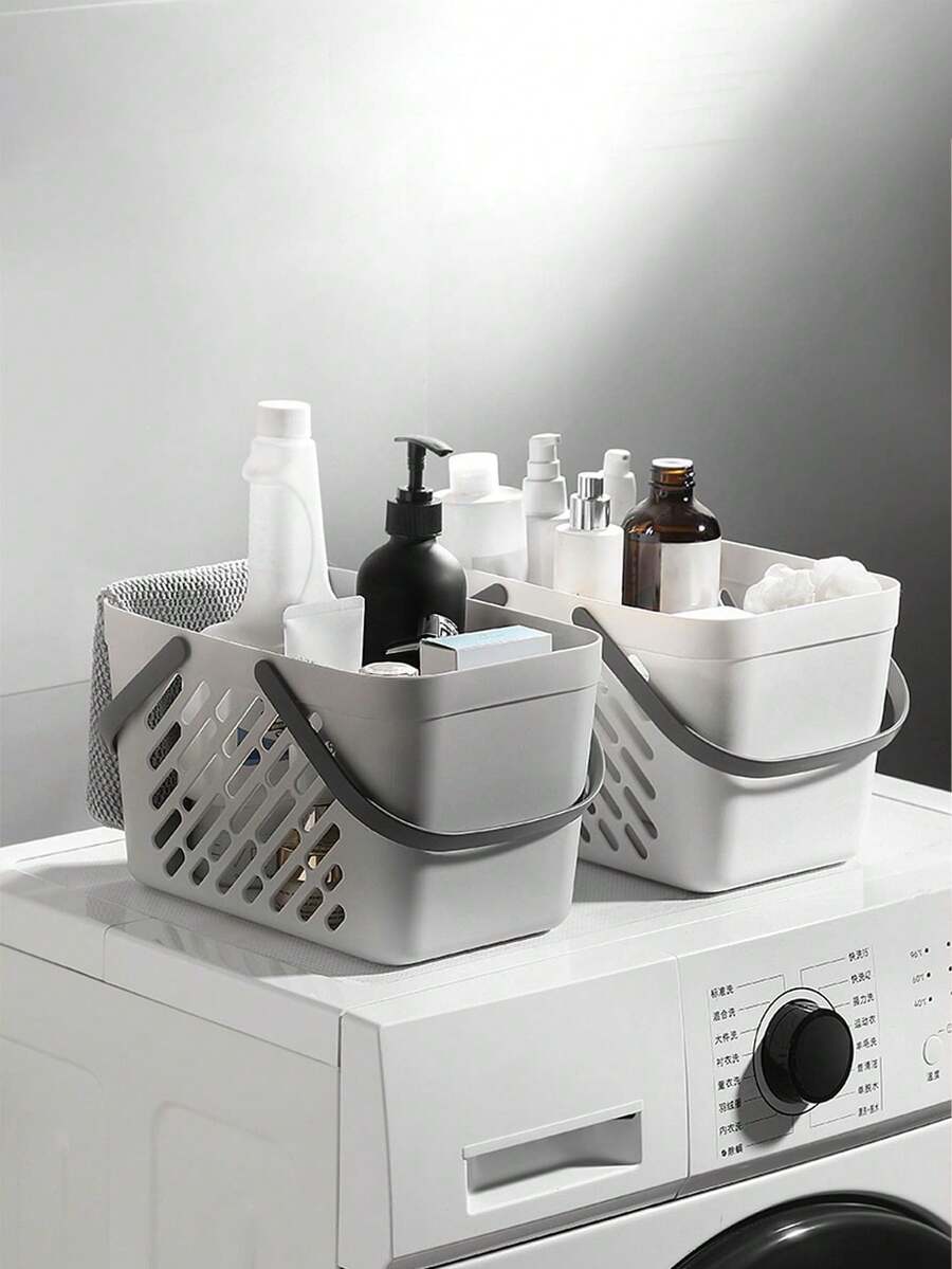 双提手斜纹镂空沥水浴篮，塑料浴室收纳整理架，带提手，多功能沥水淋浴篮，适用于厨房水槽和浴室台面，现代家居收纳方案，送给房主、家庭主妇、大学生的完美礼物，乔迁新居、母亲节的理想之选 - 白色 - 查看 1