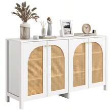 Modern Minimalist Sideboard With 4 Rattan Doors And Metal Handles; Simple Buffet Cabinet For Dining Room, Living Room, Or Kitchen (White) - 彩色 - 查看 1