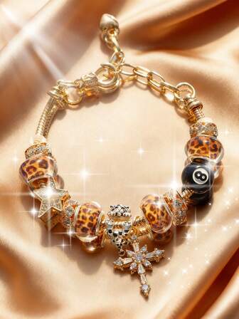 1 pieza Pulsera de mujer con dije de bola 8, pulsera con dijes de estrella y cruz, pulsera minimalista con estampado de leopardo, pulsera de pareja ajustable
