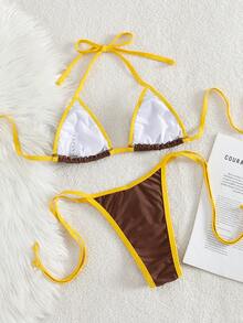 Nuevo conjunto de bikini elegante y de moda con halter de unicolor y suave, traje de baño de verano para mujer para vacaciones en la playa - Marrón - Ver 3