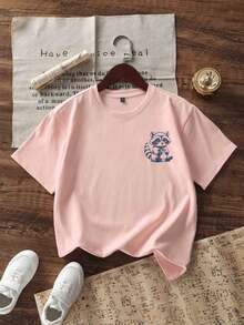 Young Girl "Cute But Raccoon" Graphic Soft & T-Shirt, Suitable For Daily And Weekend Wear, Summer - Pink - View 5