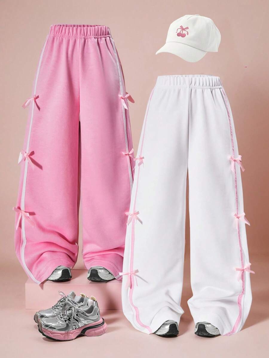 2 piezas Pantalones anchos con rayas laterales y lazo para niñas, pantalones casuales dulces, cómodos y versátiles para primavera, otoño, invierno, diario, escuela y paseos - Multicolor - Ver 1