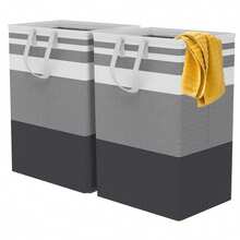 2 Foldable Laundry Baskets For Dirty Clothes, 75L Large Capacity - Black and Gray - View 6