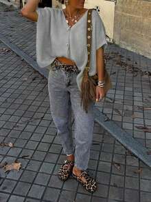 FOR BEAUTY Spring/Summer New V-Neck Button Short Sleeve Oversized Knit Cardigan, Women Casual Music Festival Holiday Lightweight Sweater Coat, Summer Short Sleeve Top, Essential For New Year