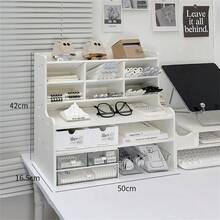 Estante organizador de escritorio, material de oficina con compartimentos superiores, estante de almacenamiento para mantener el orden en la oficina, L - Blanco - Ver 1