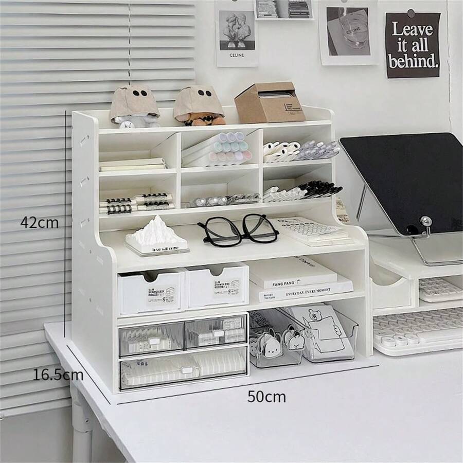 Estante organizador de escritorio, material de oficina con compartimentos superiores, estante de almacenamiento para mantener el orden en la oficina, L - Blanco - Ver 1