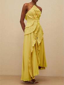 Women's Y2K Halter Neck Long Dress Elegant Sleeveless Backless Ruffles Tiered Cocktail Party Vacation Long Evening Dress - 黃色 - 查看 5