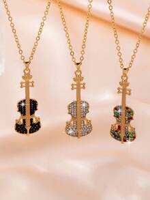1pc Music Note Shaped Fashionable Casual Versatile Pendant Necklace, Suitable For Music Festivals And Parties - Violin - View 2
