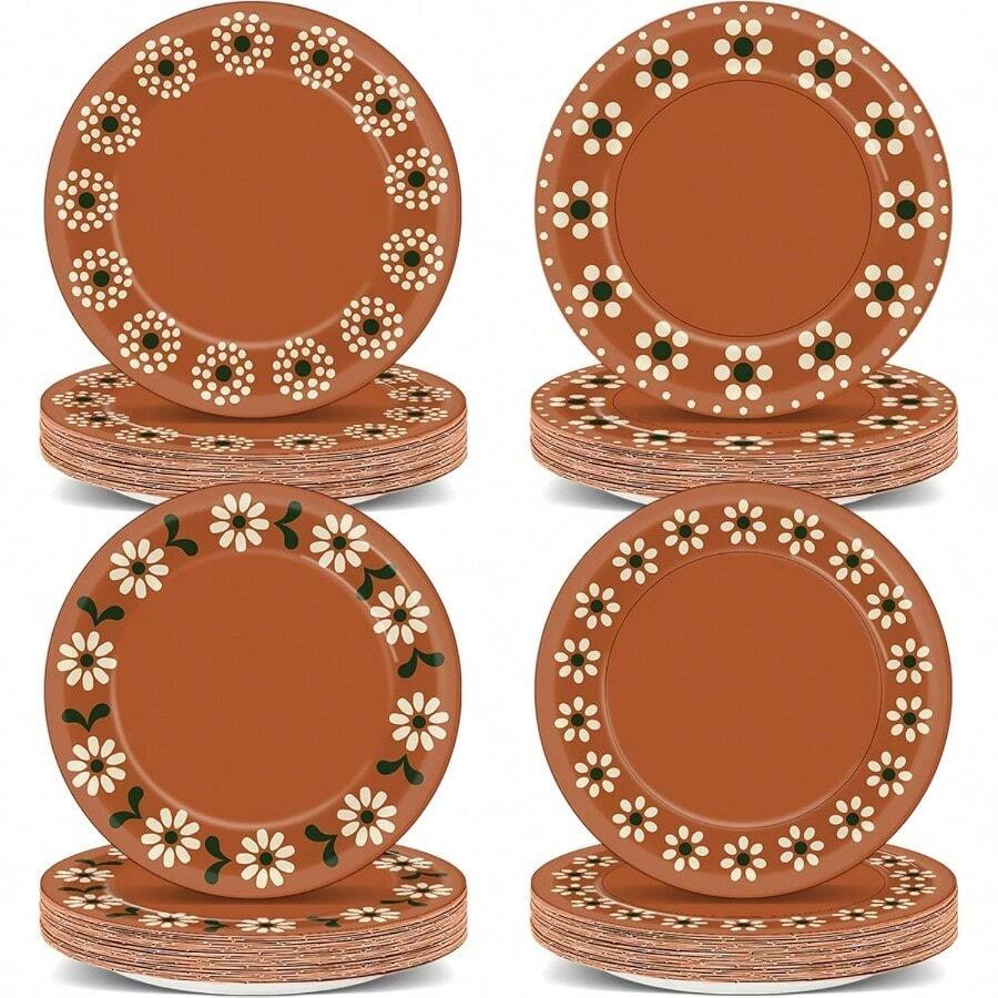 D48Pcs Mexican Platos De Barro Mexicano Paper Plates Mexican Fiesta Party Decoration 7" Disposable Terracotta Flower Clay Py Tableware For Baby Shower Birthday Wedding Party Decorations - 墨西哥陶土 - 查看 1