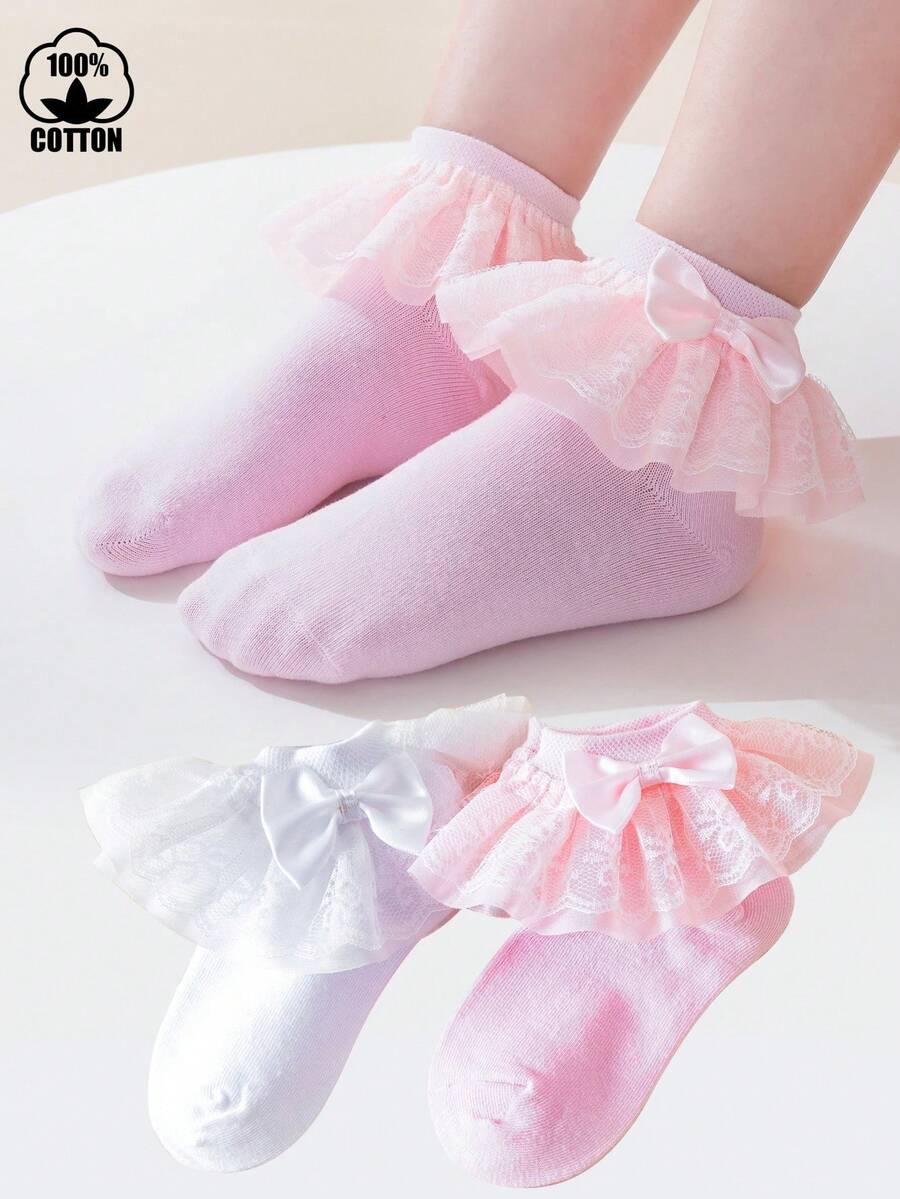 2 đôi tất lưới ren cotton mỏng cho bé gái, tất ren công chúa nhún bèo thời trang, mùa xuân/thu - Nhiều màu - Xem 1