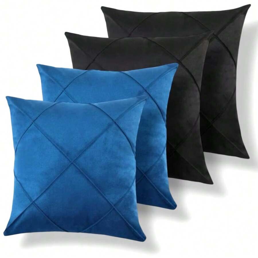 Set Of 4 And 2 Draped Suede Cushion Covers 44x44cm Decoration - Blue/Black - View 1