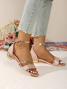 女士舒适高跟凉鞋，时尚搭扣露趾设计，适合休闲、正装、婚礼、派对、晚装等场合。 - 粉色 - 查看 3