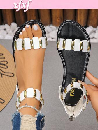 Un par de sandalias de metal geométricas retro, elegantes y casuales para mujeres, perfectas para el transporte diario, las compras y talla grande. También son ideales para vacaciones y hacen una gran opción de regalo de intercambio para amigos o familiares.