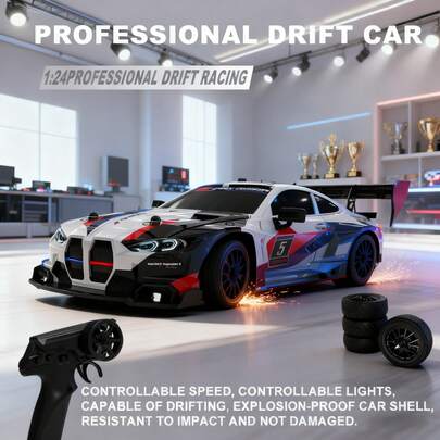 1:24 Coche de Drift RC para niños, Coche de carreras de control remoto 4WD de alta velocidad con luces LED, Juguete de coche de carreras RC de 4 ruedas motrices, Adecuado como juguete de regalo para el cumpleaños de los niños
