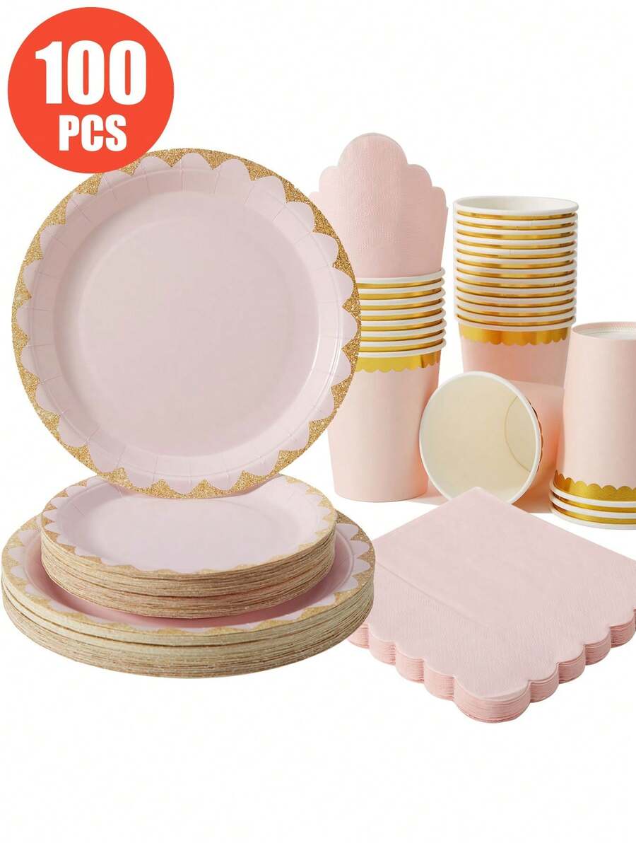 1 Set Of 25pcs Light Pink & Gold Floral Disposable Plates, Napkins, Cups - Party Supplies Suitable For Birthday, Wedding, Party, Family Picnic - Nhiều màu - Xem 1