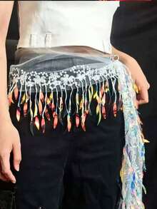 Women's Belly Dance Hip Scarf With Iridescent Sequin Fringe & Tulle Gold-Embossed Decor, Performance & Practice Accessory (Multi-Colors Available) - Multicolor - View 23