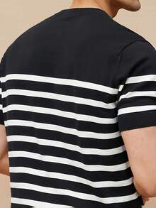 Plus Size Men's Contrast Striped Short Sleeve Soft Knit Sweater - Black - View 2