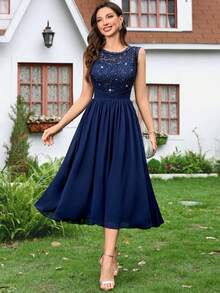 MIUSOL 亮片花卉蕾丝无袖荷叶边褶皱雪纺下摆晚宴长裙、中长裙、母亲礼服、婚礼宾客礼服 - 藏蓝色 - 查看 5