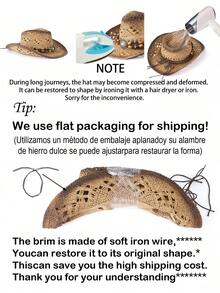 1pc Solid Color Bohemian Casual Hollow Out Decor UV Protection Woven Panama Hat, Western Cowboy Sun Hat, Versatile For All Seasons - Butterfly - View 6