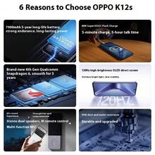 OPPO K12s cuenta con una batería de larga duración de 7000 mAh, carga flash SuperVOOC de 80 W, una pantalla plana OLED de alto brillo de 120 Hz, control remoto por infrarrojos y es un teléfono 5G.